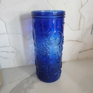 Vintage Cobalt Blue Glass Fruit Embossed Tall Tumbler Vase Grapes Citrus